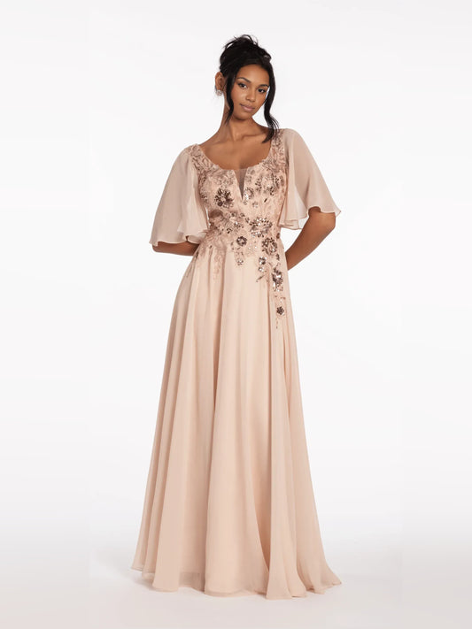 Champagne floor-length mother of the bride dress, front view showing the a-line silhouette