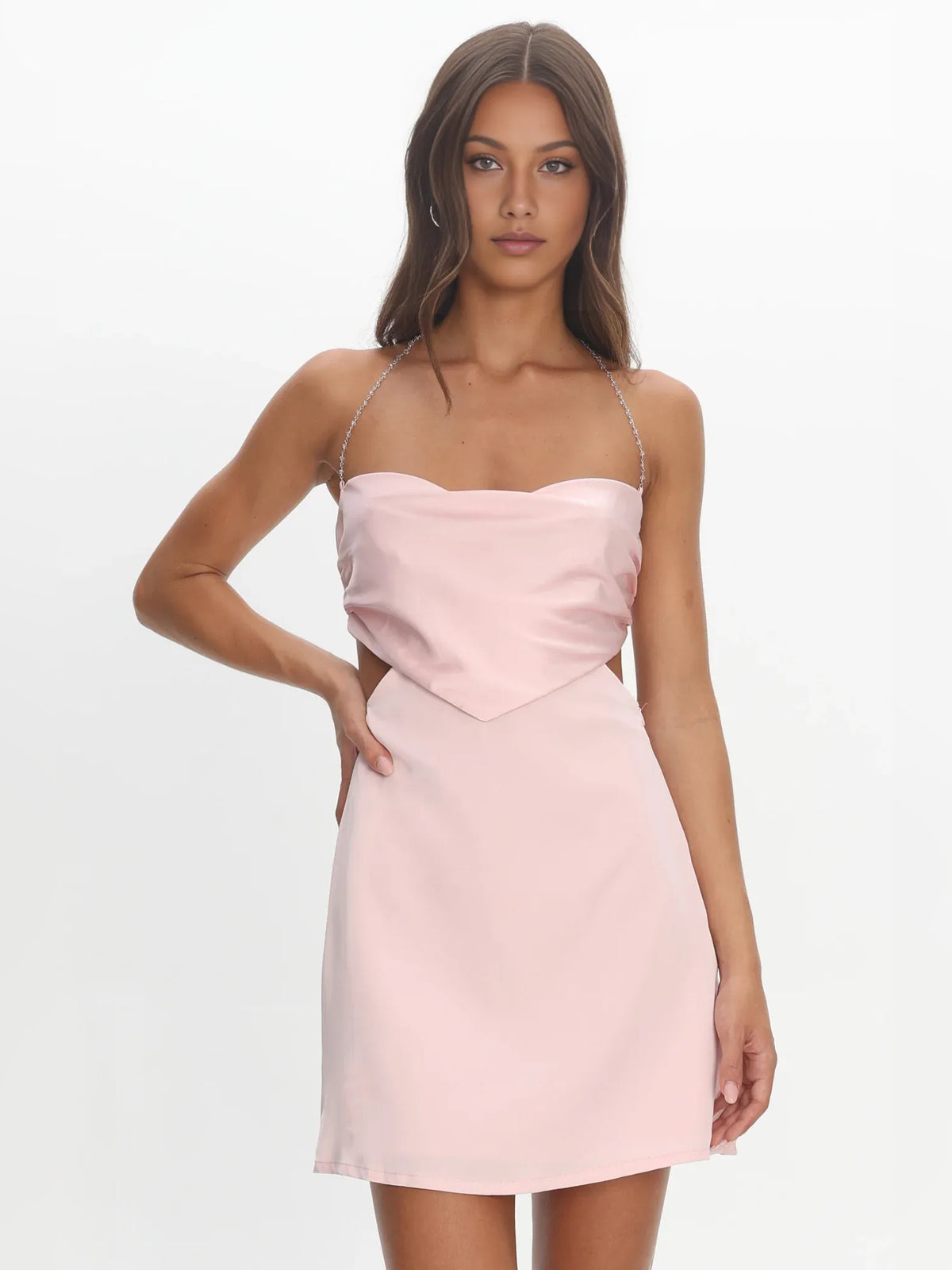 Blush Pink mini homecoming dress, alternate view showing the full-length silhouette