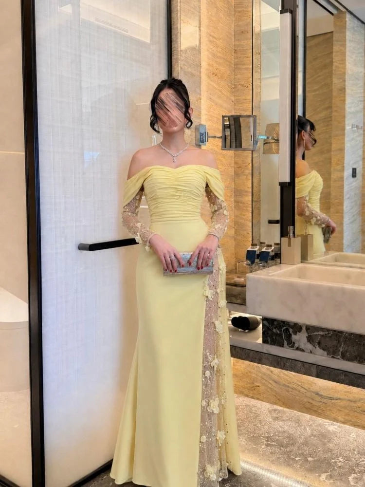 Pale Yellow mermaid floor-length formal dress with off-the-shoulder neckline, full-length front view