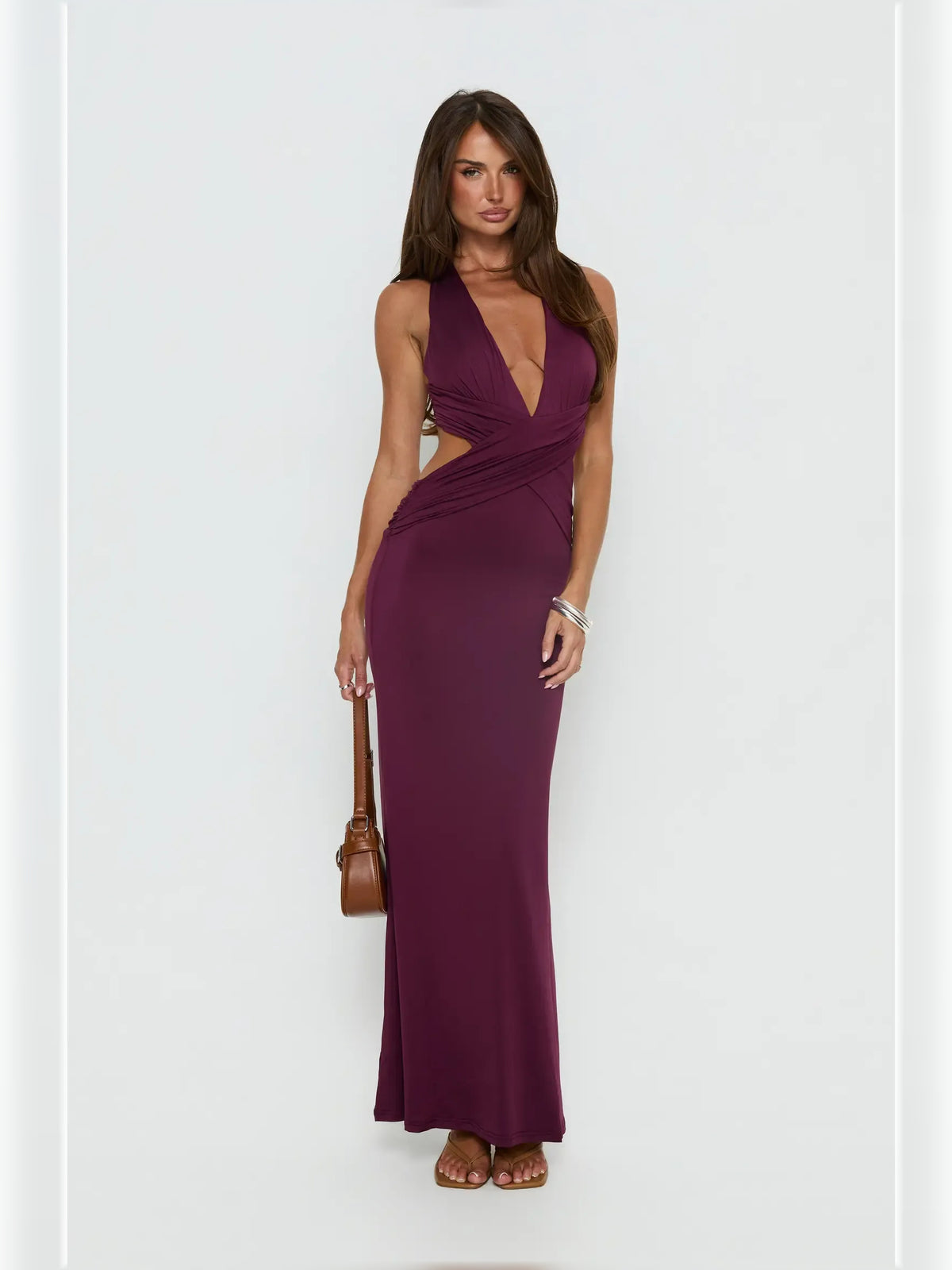 Purple mermaid floor-length formal dress with halter neckline, full-length front view