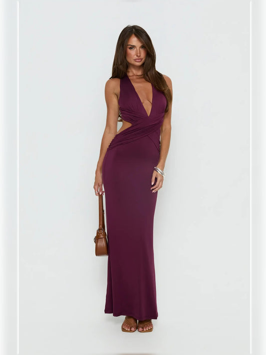 Purple mermaid floor-length formal dress with halter neckline, full-length front view