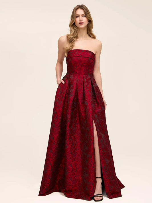 Deep Red a-line floor-length formal dress with strapless neckline, full-length front view