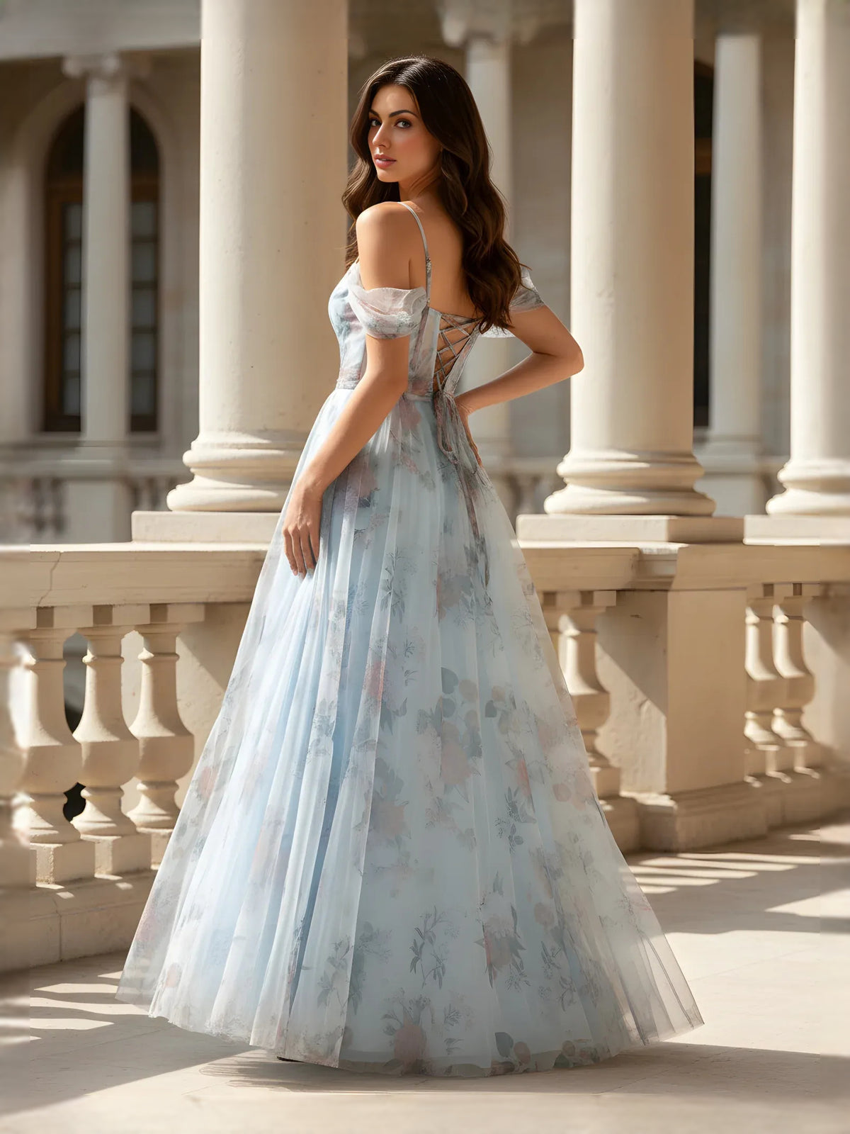 As Picture maxi prom dress, front view showing the a-line silhouette