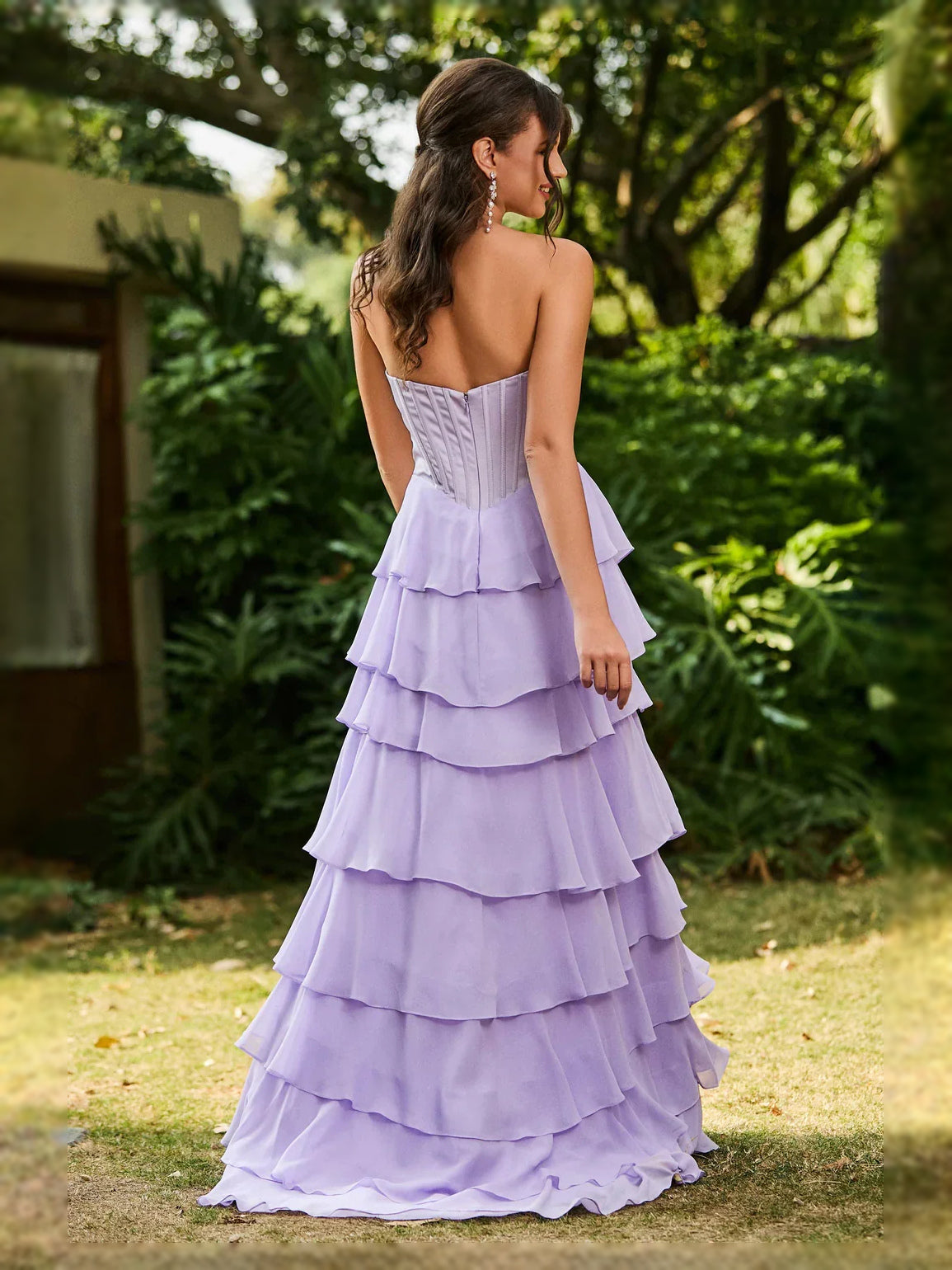 Lilac maxi prom dress, front view showing the a-line silhouette