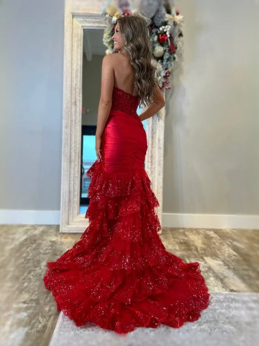 Red floor-length prom dress, front view showing the mermaid silhouette