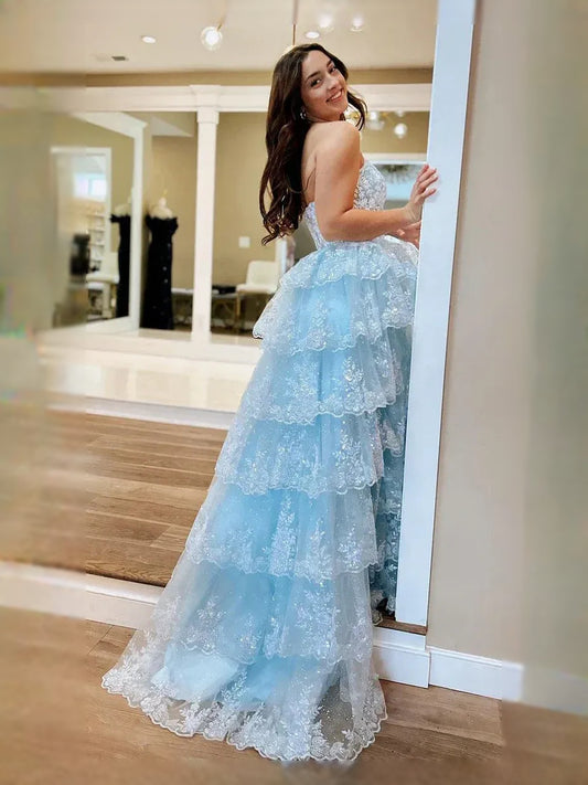 Green floor-length prom dress, front view showing the ball-gown silhouette