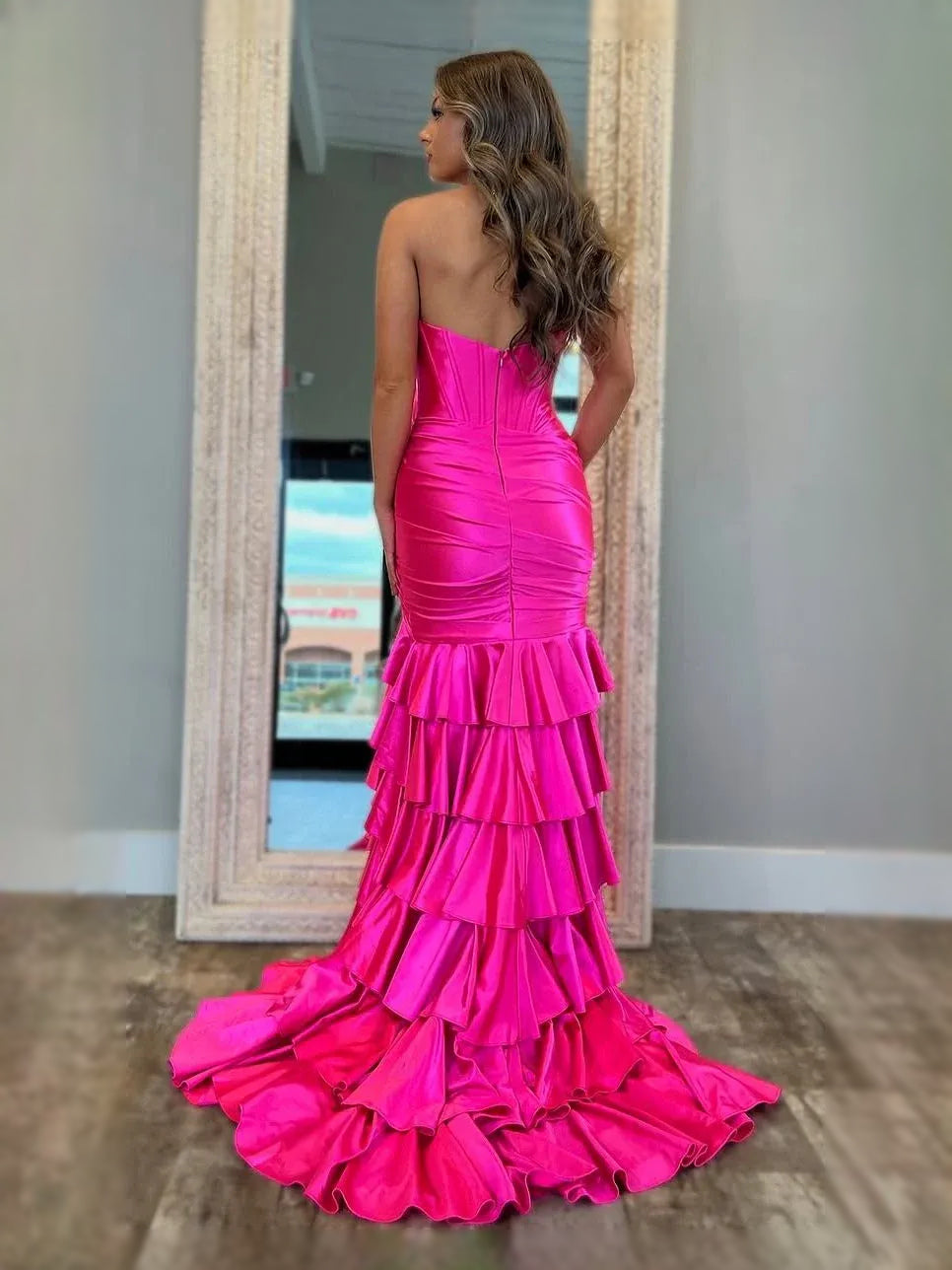 Hot Pink maxi prom dress, front view showing the mermaid silhouette