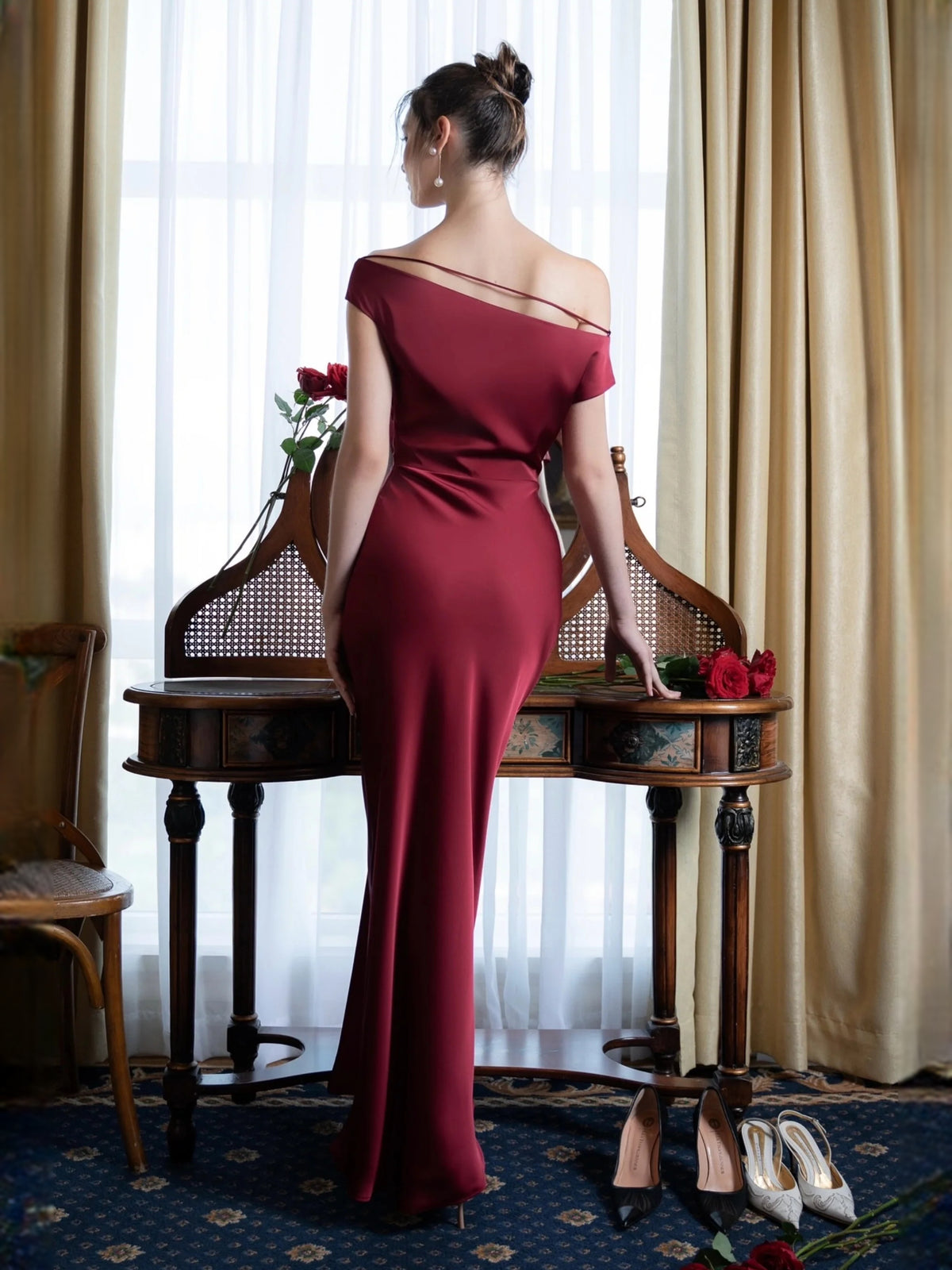 Navy maxi prom dress, front view showing the mermaid silhouette