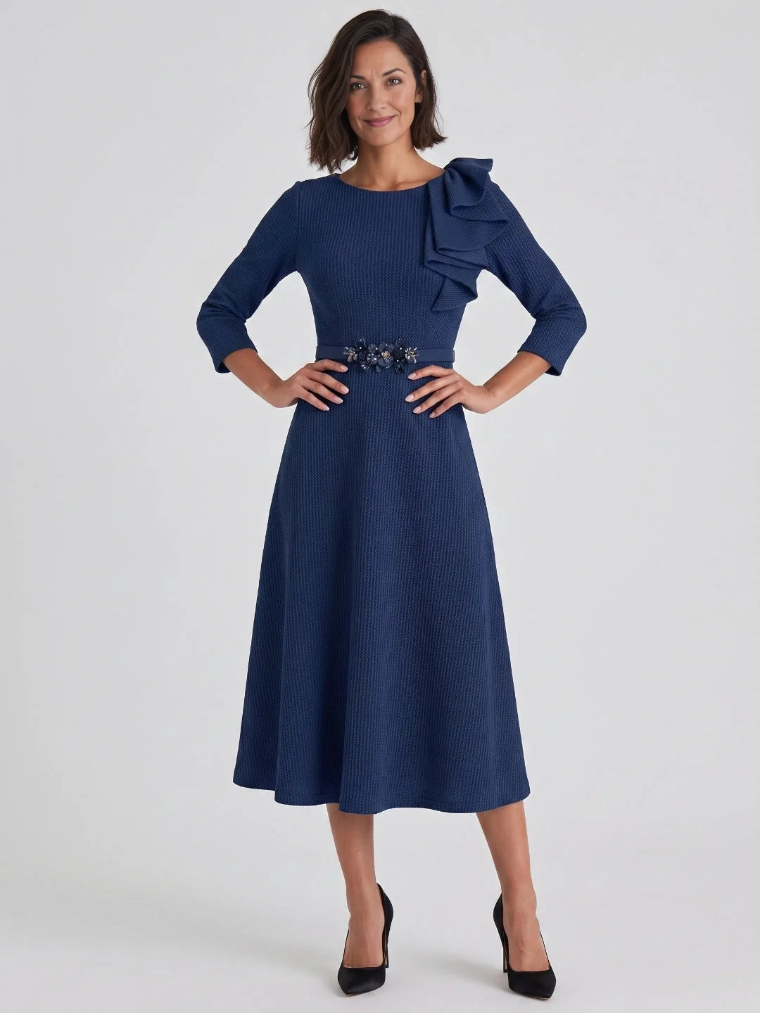Dark Blue midi mother of the bride dress, front view showing the a-line silhouette