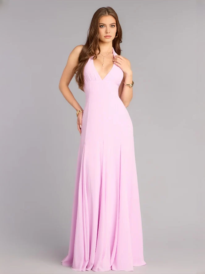 Lavender floor-length prom dress, front view showing the a-line silhouette