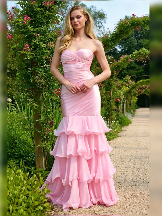 Pink mermaid floor-length formal dress with sweetheart neckline, full-length front view