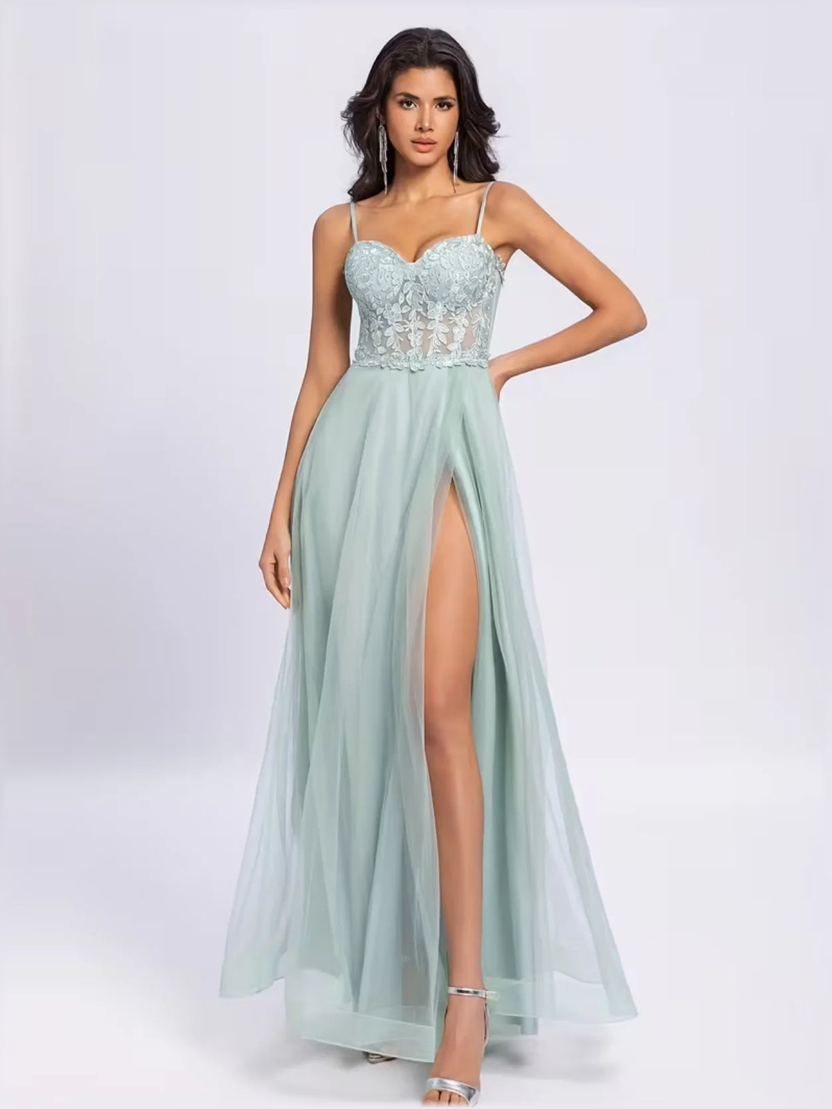 Mint Green mermaid floor-length formal dress with strapless neckline, full-length front view