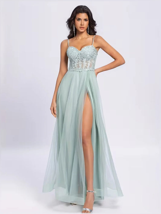 Mint Green mermaid floor-length formal dress with strapless neckline, full-length front view