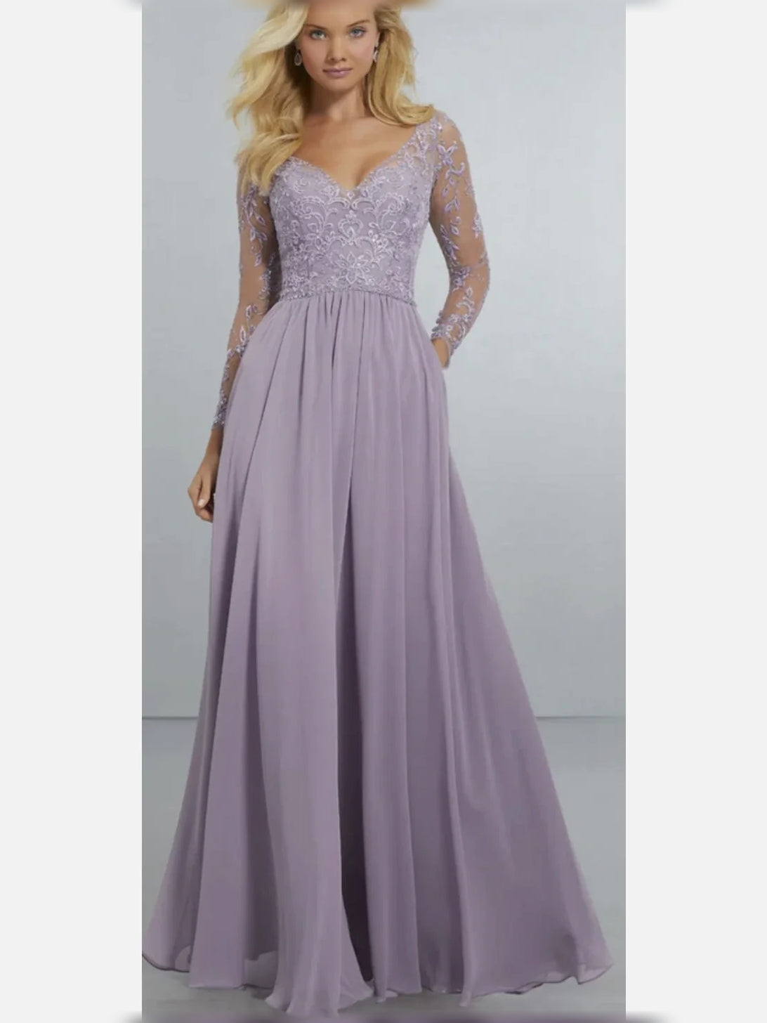 Wisteria floor-length bridesmaid dress, front view showing the a-line silhouette