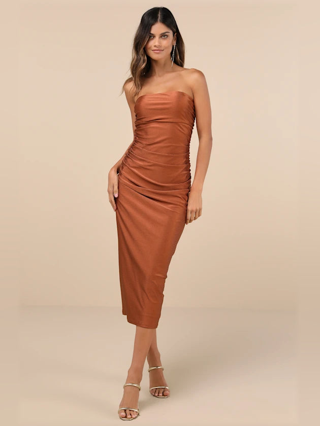 Brown midi formal dress with strapless neckline, full-length front view