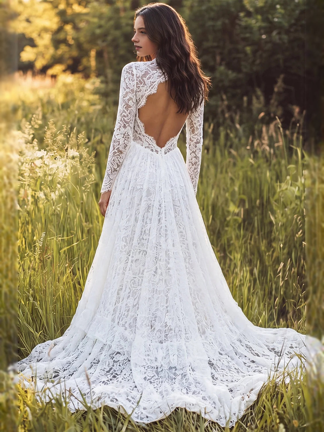 Ivory floor-length wedding dress, front view showing the a-line silhouette