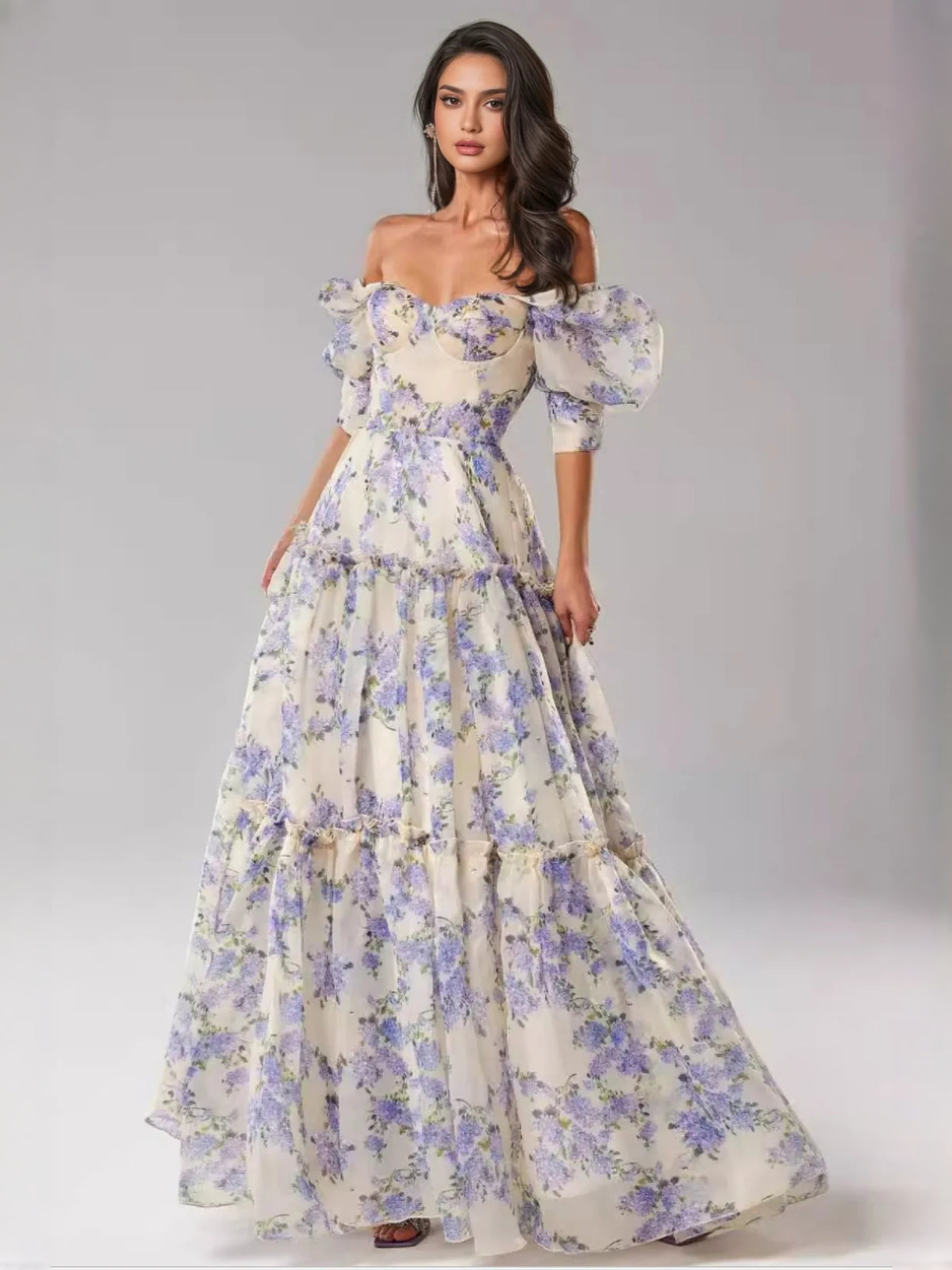 Lilac maxi prom dress, front view showing the a-line silhouette