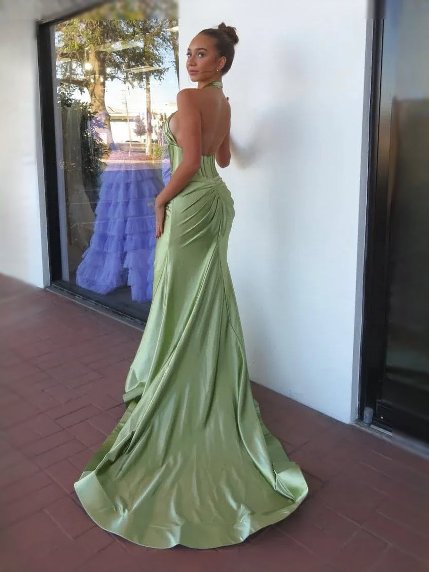 Sage Green maxi prom dress, front view showing the mermaid silhouette