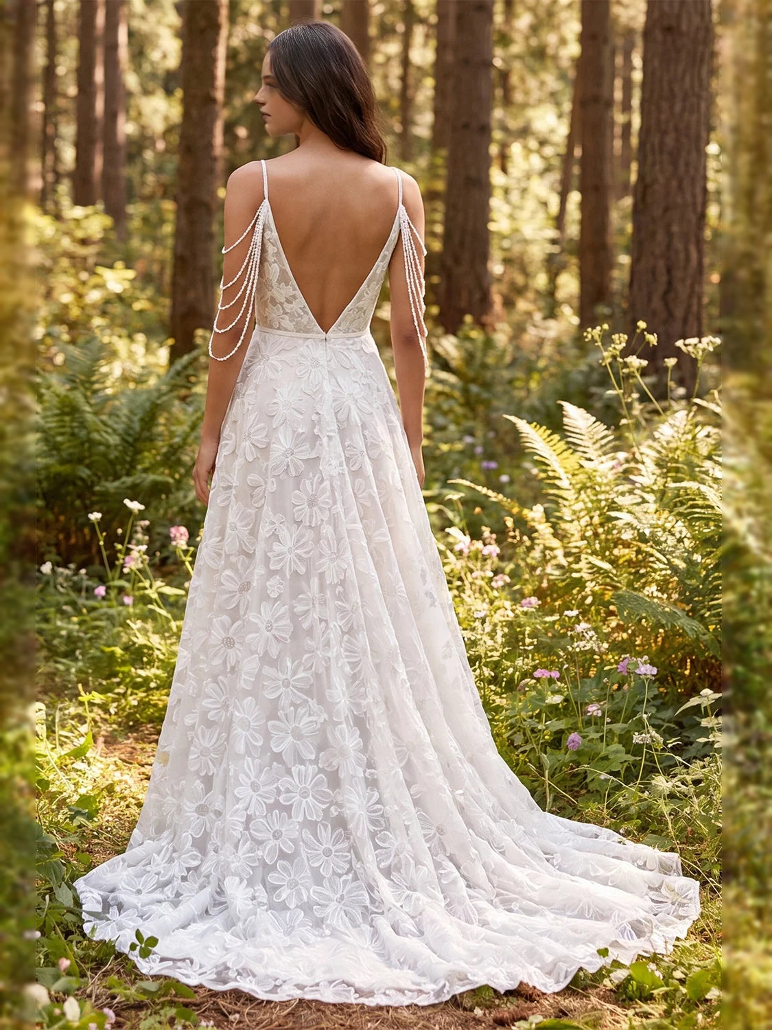 Ivory floor-length wedding dress, front view showing the a-line silhouette