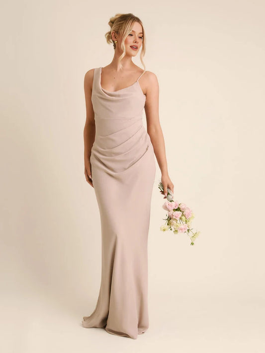Taupe floor-length bridesmaid dress, front view showing the sheath silhouette