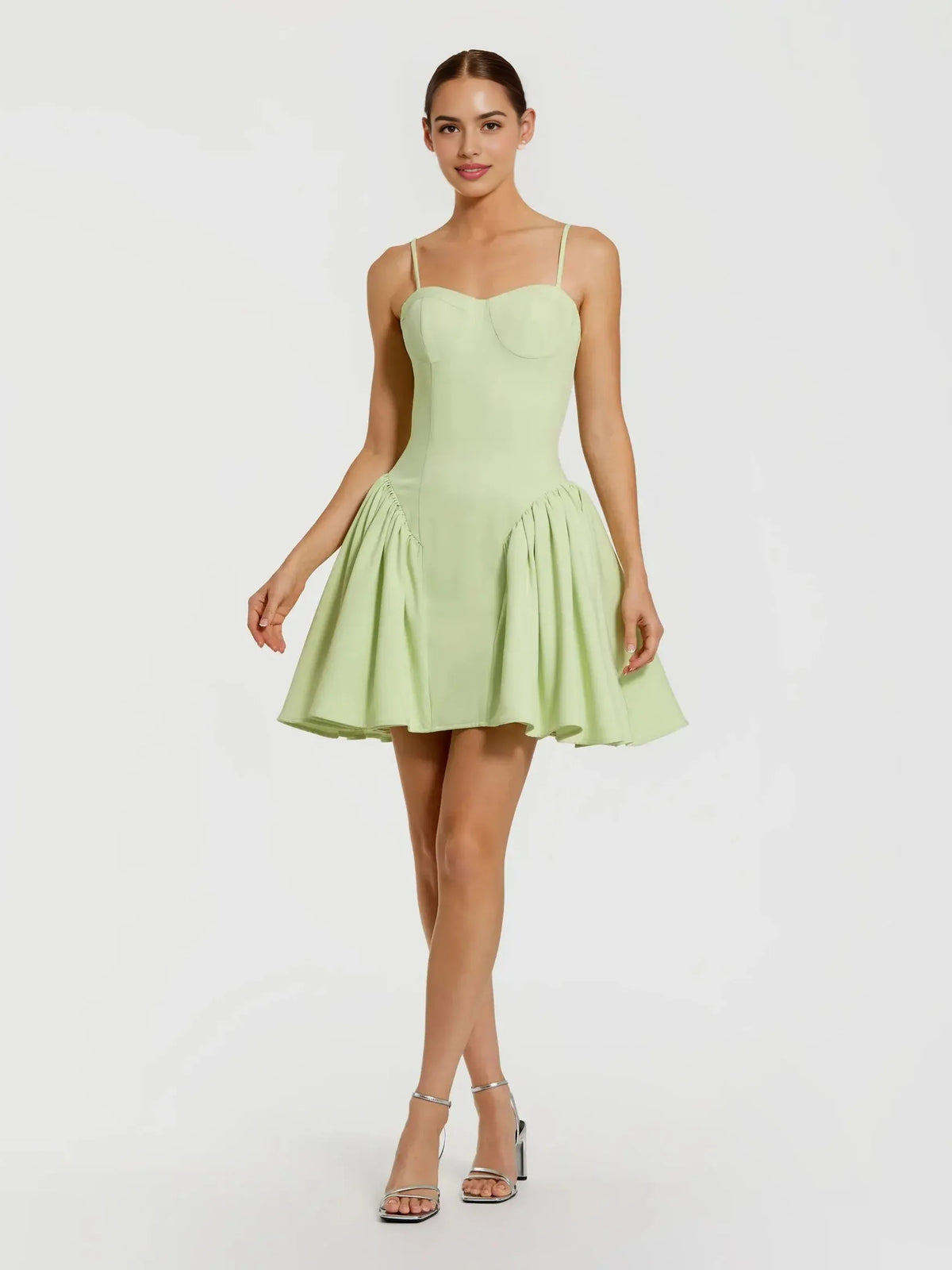 Sage Green mini homecoming dress, alternate view showing the full-length silhouette