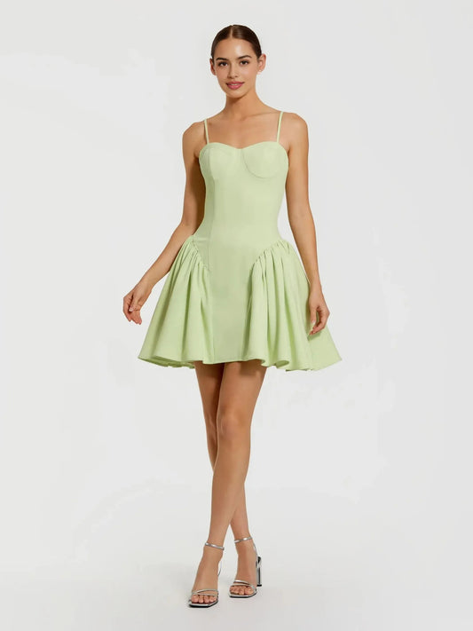 Sage Green mini homecoming dress, alternate view showing the full-length silhouette