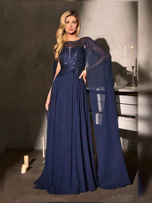 Navy Blue floor-length mother of the bride dress, front view showing the a-line silhouette