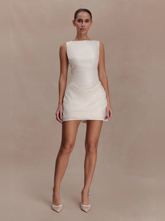 Ivory mini homecoming dress, front view showing the silhouette