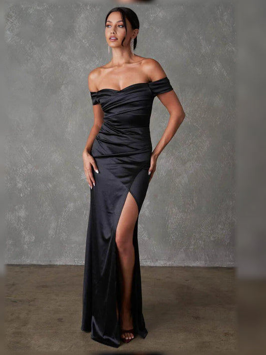 Black sheath maxi formal dress with off-the-shoulder neckline, full-length front view