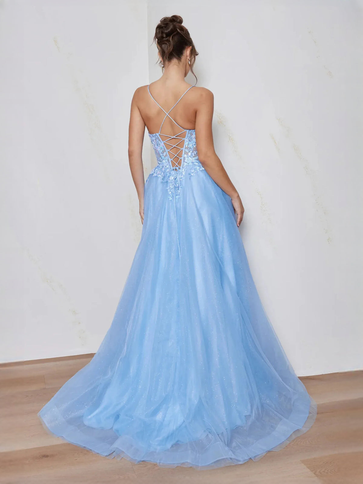Light Blue floor-length prom dress, front view showing the a-line silhouette