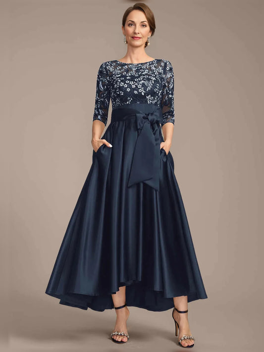 Dark Navy floor-length mother of the bride dress, front view showing the a-line silhouette