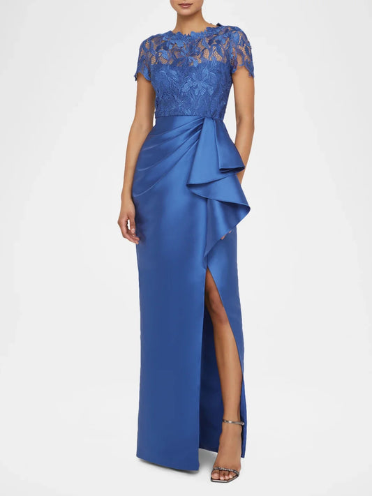 Blue floor-length mother of the bride dress, front view showing the sheath silhouette