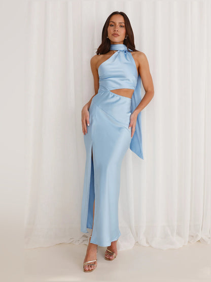 Blue midi formal dress, full-length front view