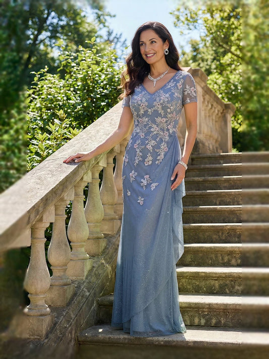 Steel Blue floor-length mother of the bride dress, front view showing the mermaid silhouette