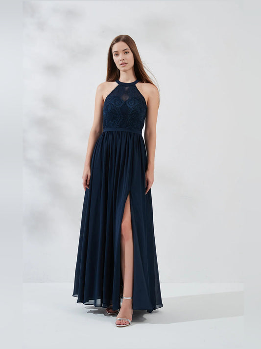 Dark Navy floor-length bridesmaid dress, front view showing the a-line silhouette