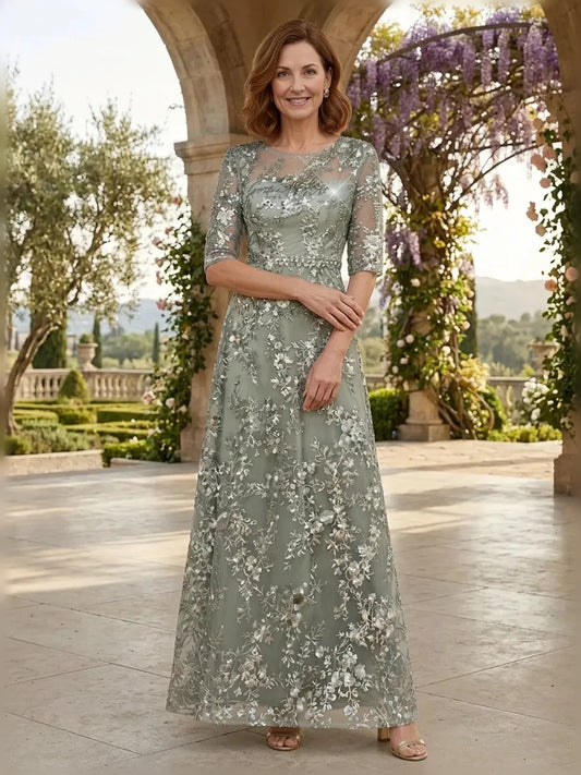 Dusty Sage floor-length mother of the bride dress, front view showing the a-line silhouette