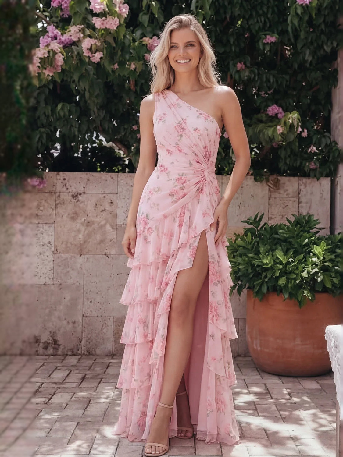 Light Pink maxi bridesmaid dress, front view showing the a-line silhouette