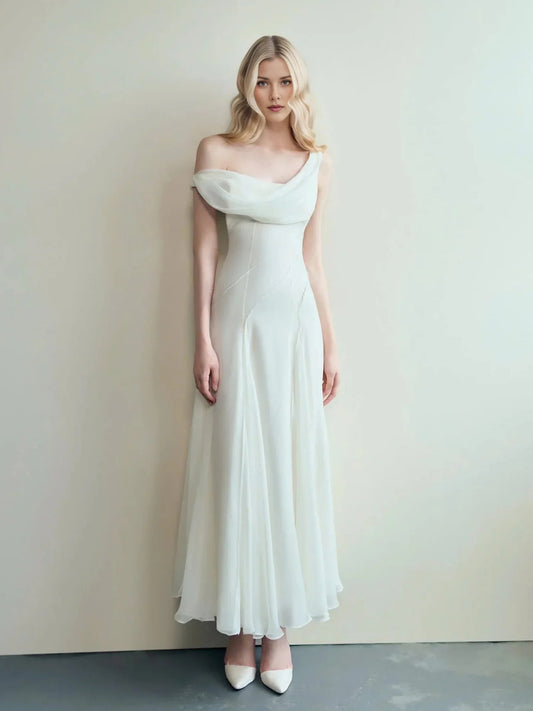 Ivory maxi bridesmaid dress, front view showing the a-line silhouette