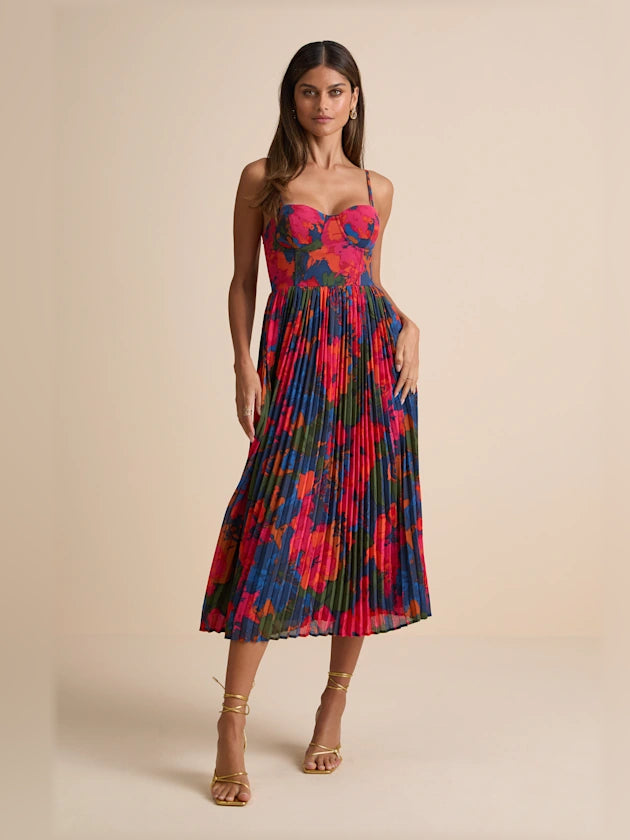 Dark Blue Floral midi formal dress with floral print, full-length front view