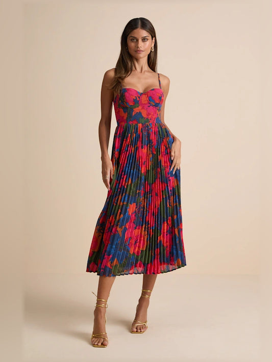 Dark Blue Floral midi formal dress with floral print, full-length front view
