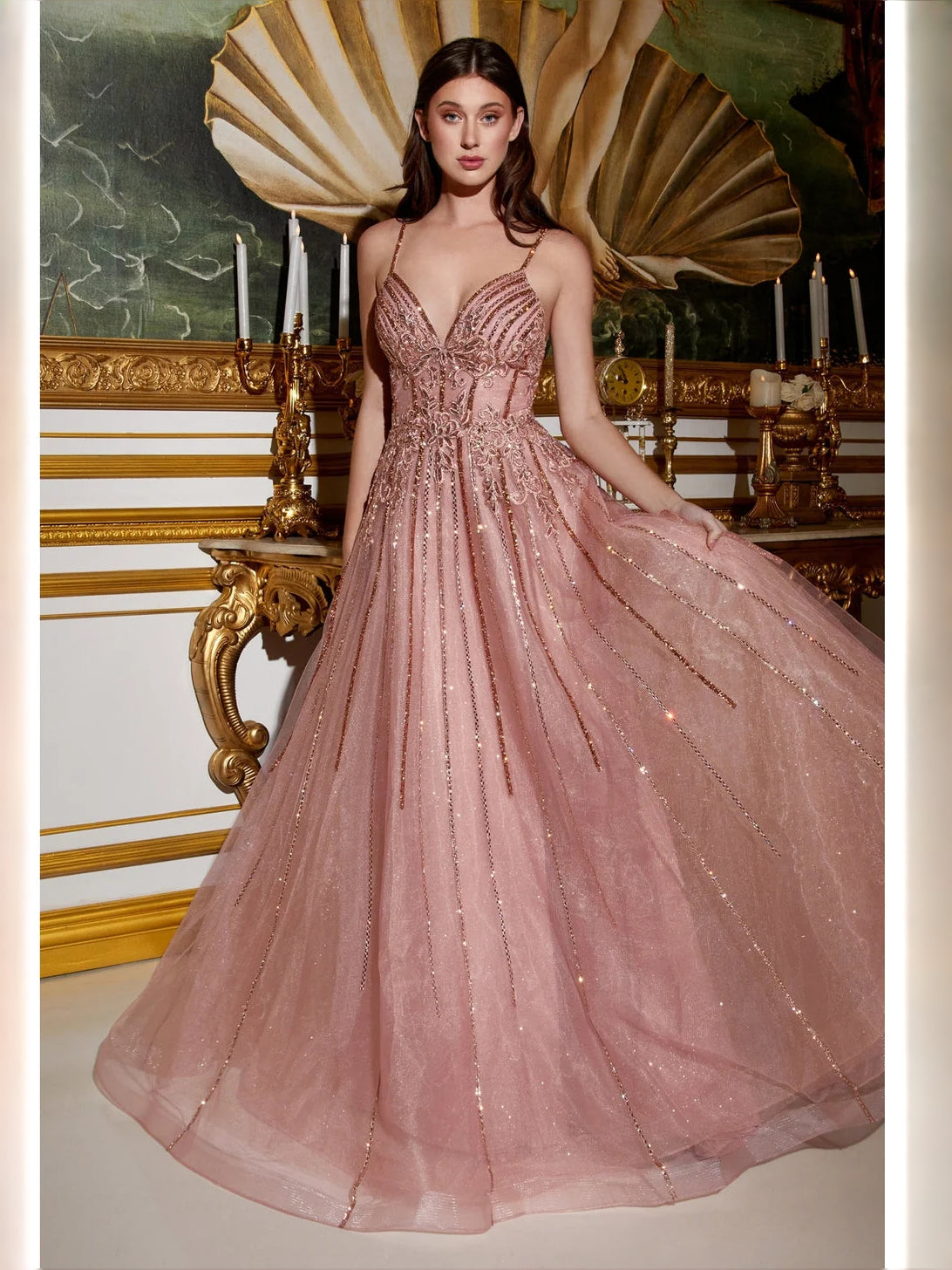 Dusty Rose floor-length prom dress, front view showing the a-line silhouette