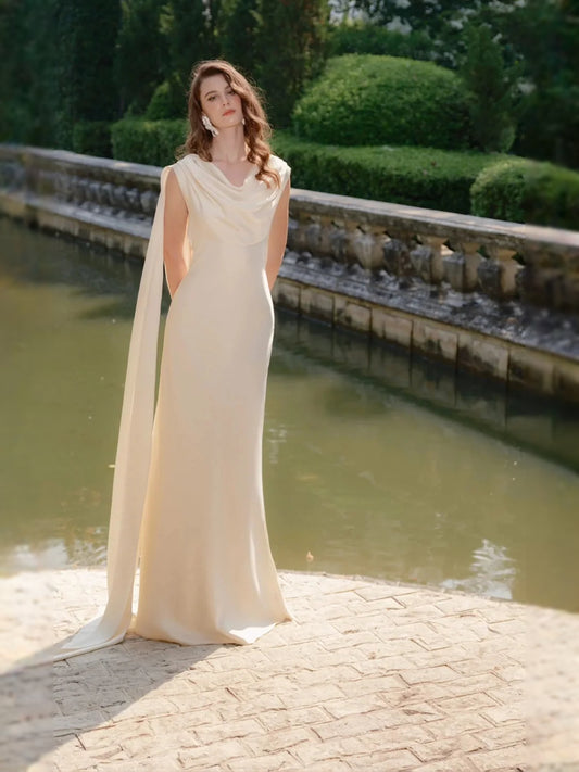 Ivory floor-length wedding dress, front view showing the sheath silhouette