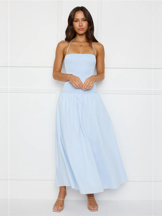 Blue a-line maxi formal dress with strapless neckline, full-length front view