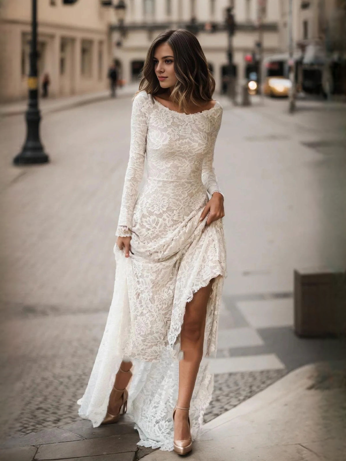 Ivory floor-length wedding dress, front view showing the fit-and-flare silhouette