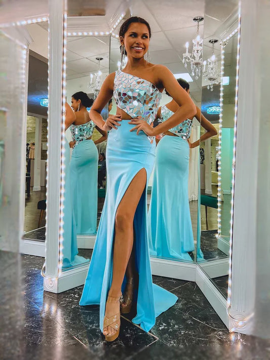 Turquoise maxi prom dress, front view showing the mermaid silhouette