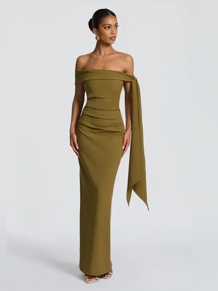 Olive Green sheath floor-length formal dress with off-the-shoulder neckline, full-length front view