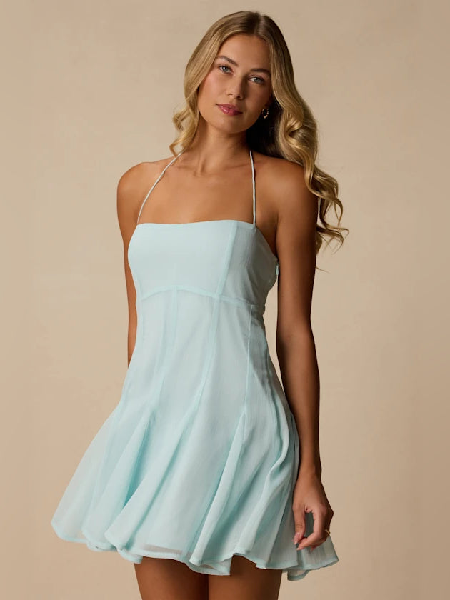 Mint blue mini homecoming dress, front view showing the silhouette