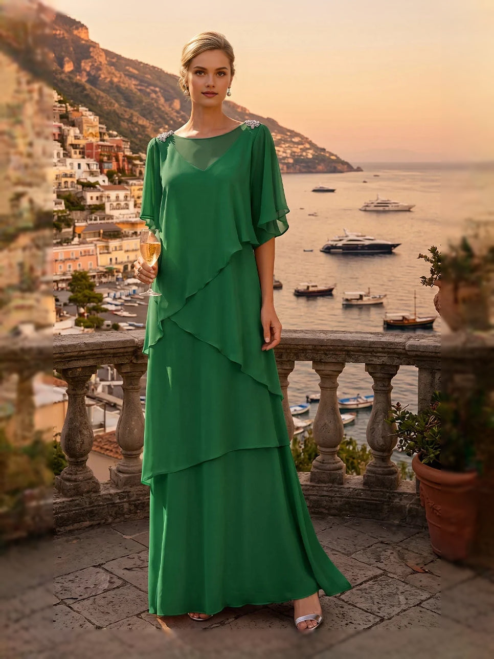 Emerald Green floor-length mother of the bride dress, front view showing the a-line silhouette