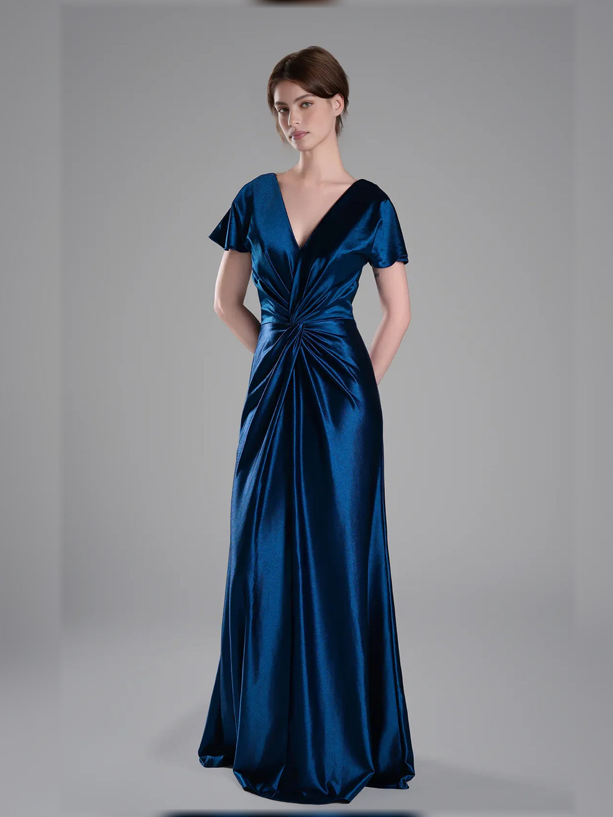 Navy Blue a-line maxi formal dress with V-neckline, full-length front view