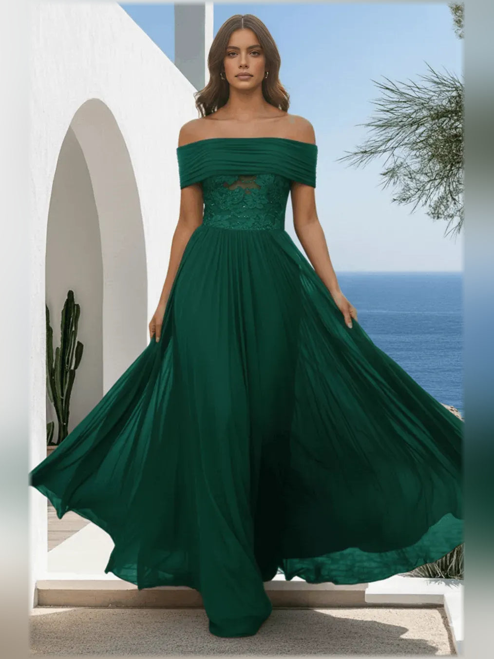 Dark Green a-line floor-length formal dress with off-the-shoulder neckline, full-length front view
